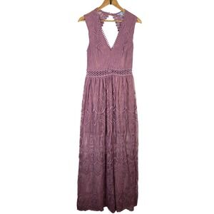 She + Sky Fairy Mauve Floral Lace Maxi Dress Open Back Womens Medium